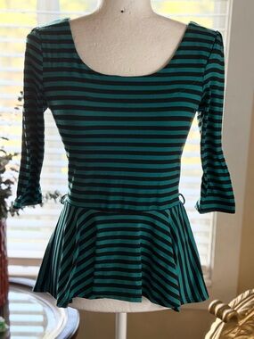 Spoiled Teal and Black Striped Peplum Long Sleeve Top